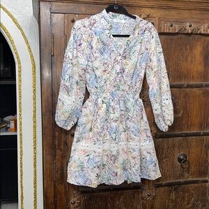 Avantlook Floral Eyelet Lace Mini Dress Small Boho Cottagecore Long Sleeve Dress